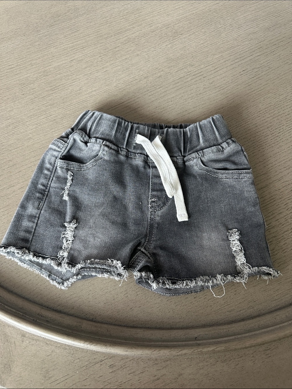 Little Bipsy Gray Distressed Denim Shorts with White Drawstring